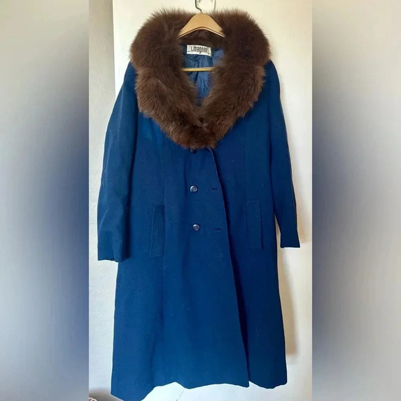 Vintage Blue Wool Coat With Fur Collar - Picture 1 of 5